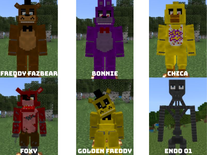 Nhóm nhân vật cơ bản FNaF1 trong Mod Freddycraft Legacy For Minecraft PE