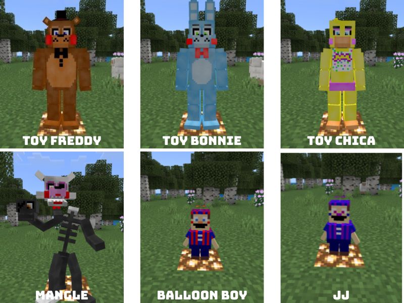Nhóm nhân vật từ FNaF: Help Wanted và FNaF AR trong Freddycraft Legacy for Minecraft PE